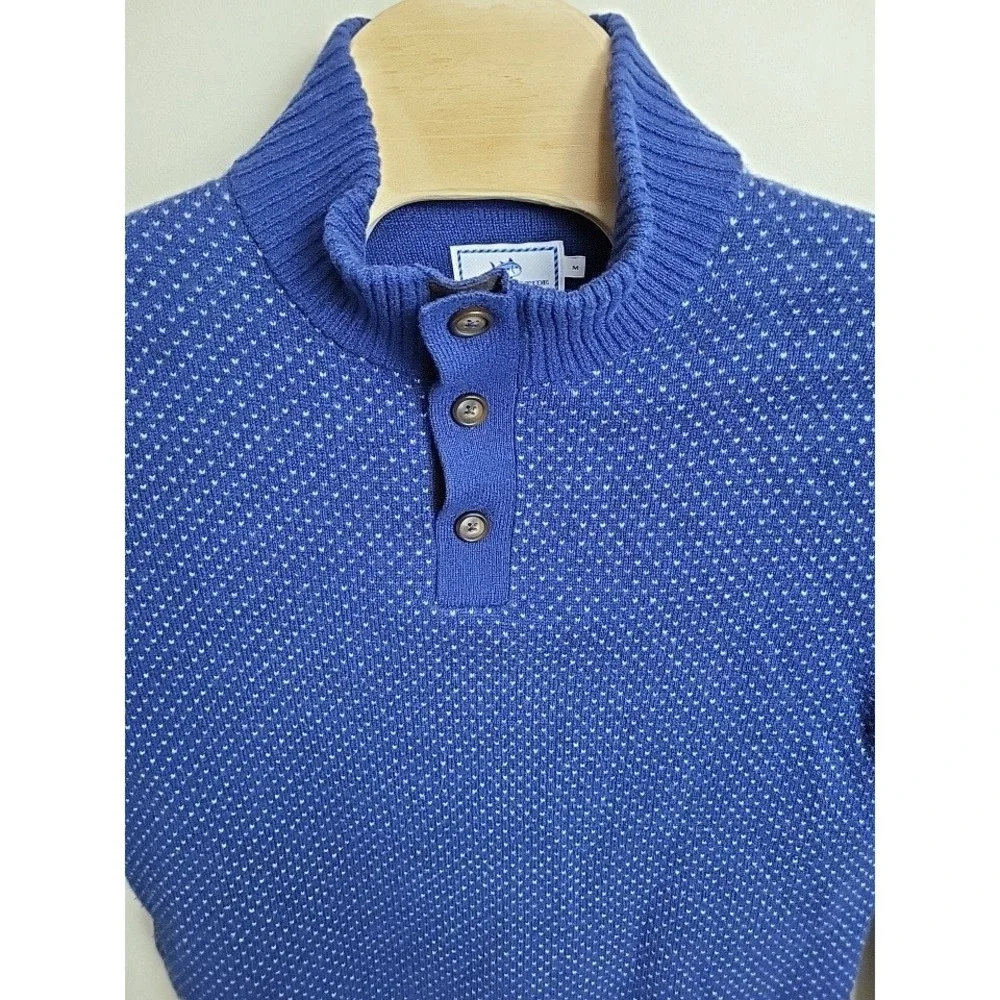 Southern Tide Mens Medium‎ Blue Button Mock Neck Pullover Knit Sweater Textured
